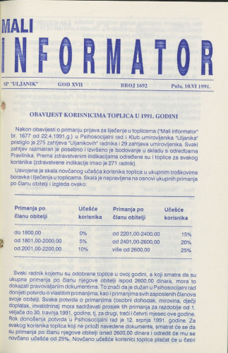 Mali informator, 1991/1692