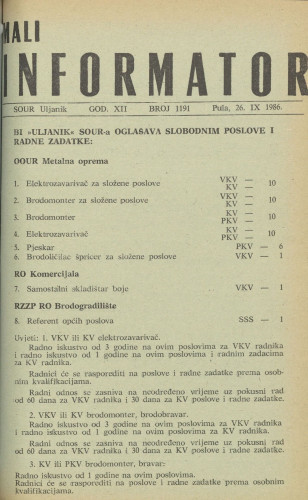 Mali informator, 1986/1191