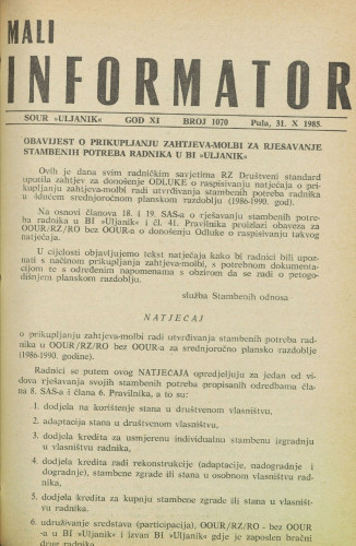 Mali informator, 1985/1070
