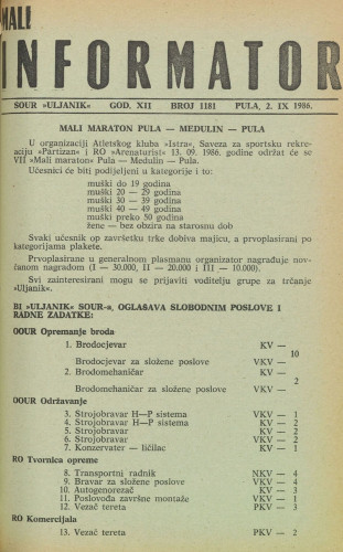 Mali informator, 1986/1181