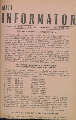 Mali informator, 1985/1052