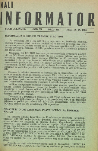 Mali informator, 1985/1057