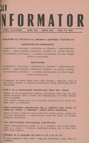 Mali informator, 1986/1184